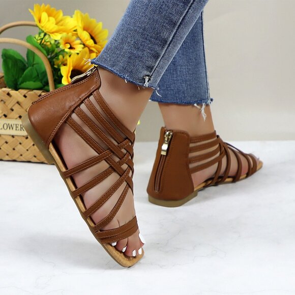 Women's Roman Gladiator Muliti Straped Back Zip Design Flat Heel Sandals Camel - Picture 1 of 5